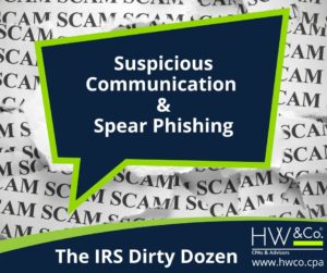 Speech bubble with "Suspicious Communication & Spear Phishing" scams inside