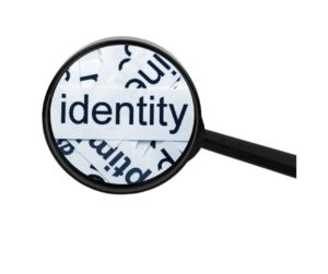 Magnifying glass with the word "identity" in the middle