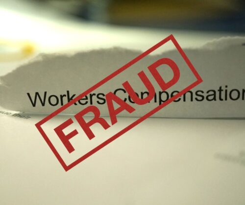 the words Workers Compensation with "fraud" stamped over them